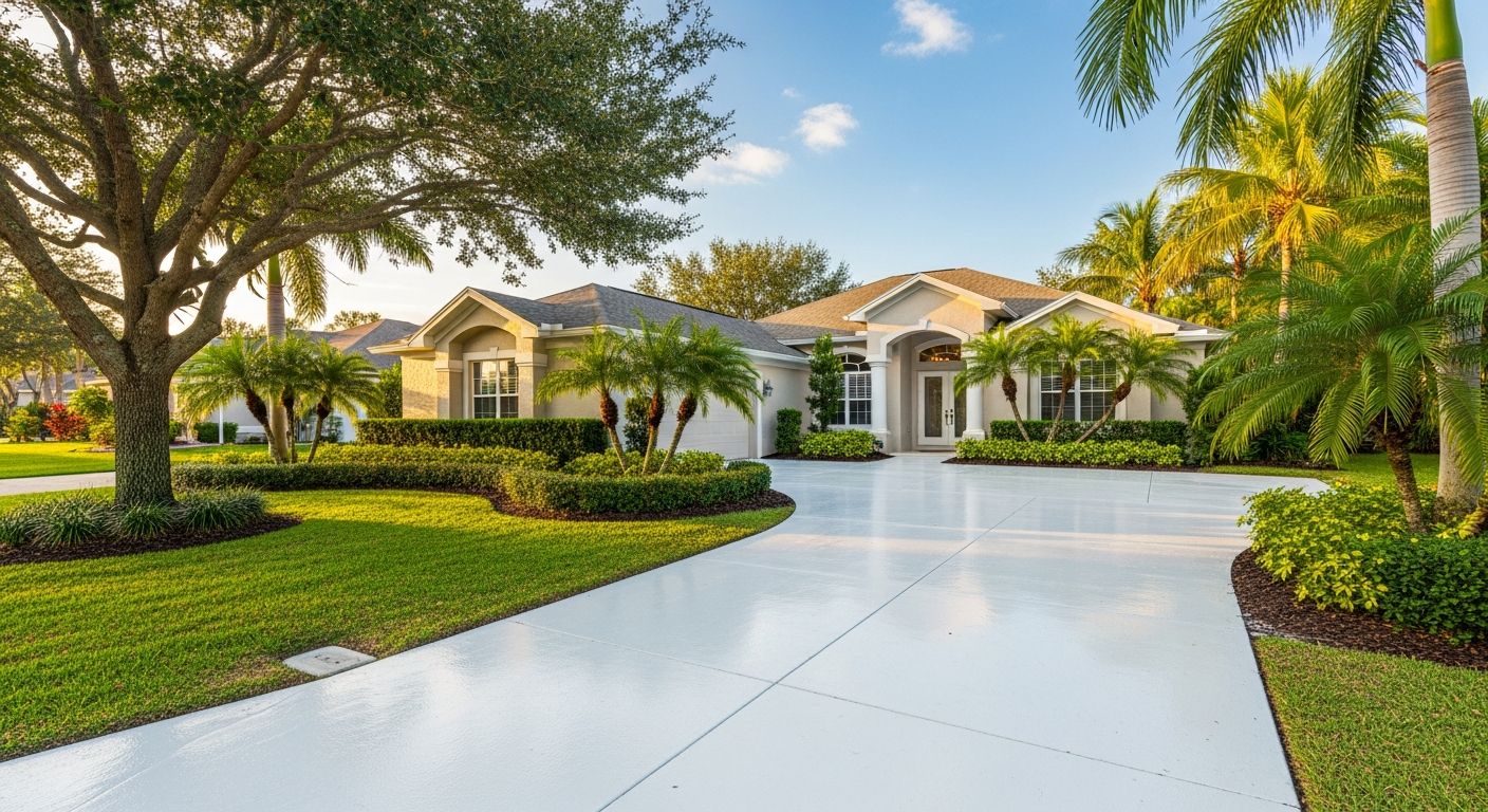 Freshly pressure-washed home and driveway