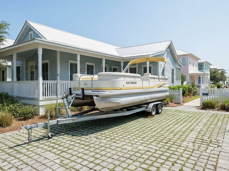Boat and coastal home on paver driveway
